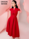 优雅精致淑女短袖交叉立体裁剪设计超大摆红色洋气日常可穿小礼服