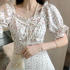 Idyllic floral dress 2022 spring and summer new Platycodon French Blue V-neck bubble sleeve slim long skirt