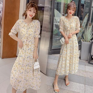 Floral Chiffon Dress fairy super fairy summer waist slim sister trumpet sleeve French Hong Kong Style sister skirt