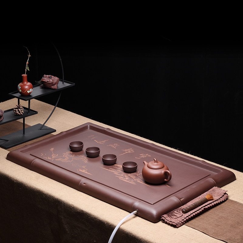 宜兴家用全手工紫砂茶盘竹节长方80cm排水茶台桌面单层中式复古风