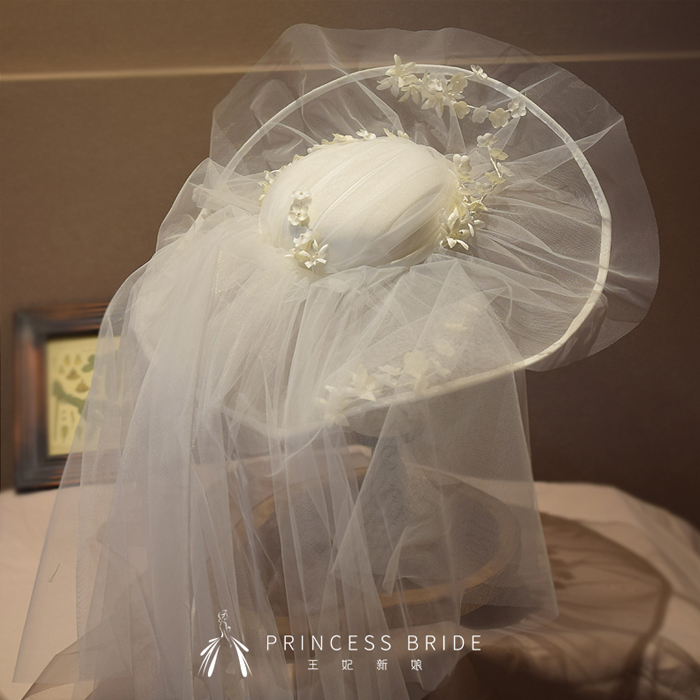 王妃原创新品白色花枝连纱新娘优雅法式大花帽拍照婚纱礼服样片帽