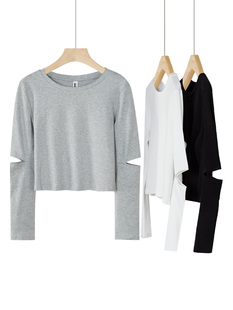 袖子镂空设计纯色长袖T恤女秋季短款宽松韩版设计感小众黑色上衣
