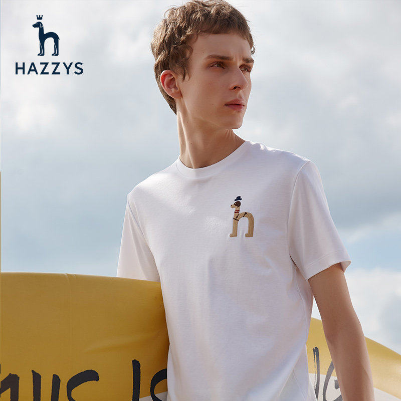 夏季新款hazzys哈吉斯男士纯棉短袖刺绣小狗经典百搭款情侣短t男