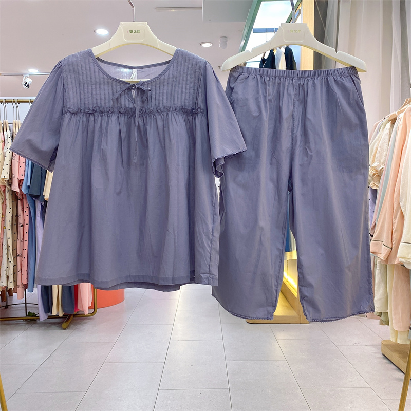 安之伴甜美减龄女士睡衣2024夏季新品府绸梭织纯棉短袖七分裤套装