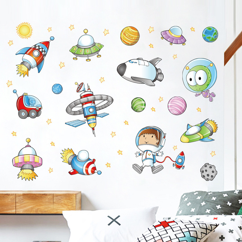 XL7239木拉城堡 太空宇航员卡通 儿童房卧室客厅背景装饰防水墙贴