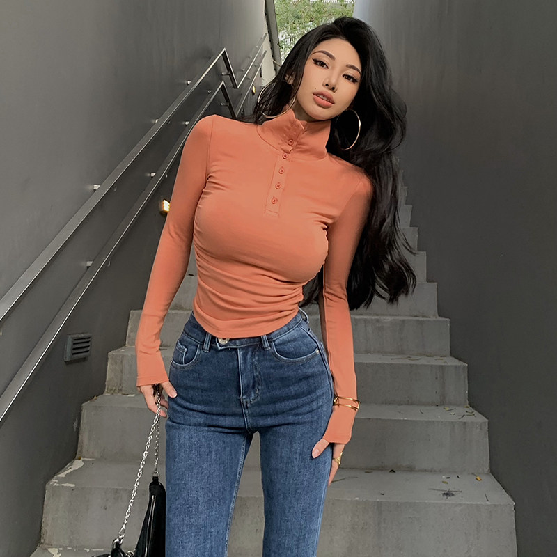 helen欧美性感上衣女即现蚂蚁腰高领紧身t恤修身辣妹打底衫