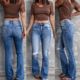 plus size jeans for women trousers long pants lady new blue