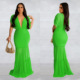 2023 deep V neck design split dress for women pleated skirt