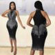 欧美女装夜店连衣裙 Rhinestone Decor Sheer Mesh Bodycon dress