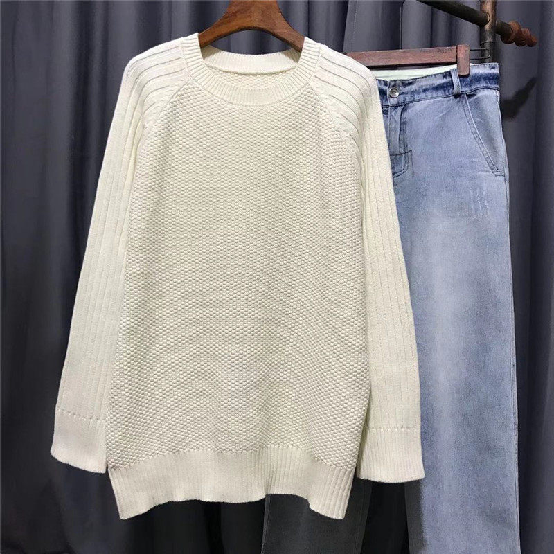 宽松休闲纯色减龄纯棉毛衣女春装新款加厚落肩拼接慵懒百搭针织衫