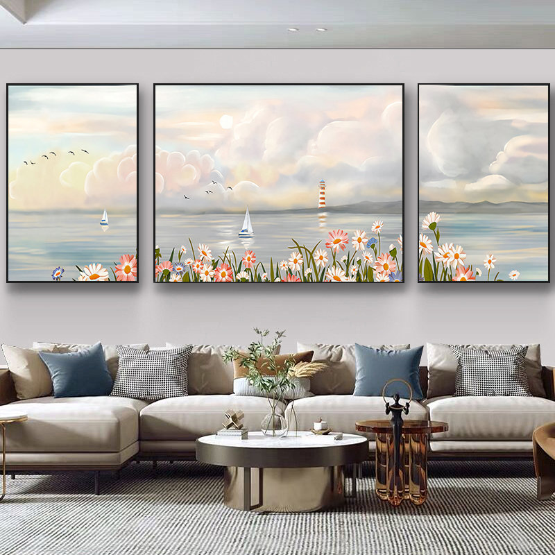 客厅装饰画沙发背景墙挂画清新现代简约风壁画中式事事如意三联画