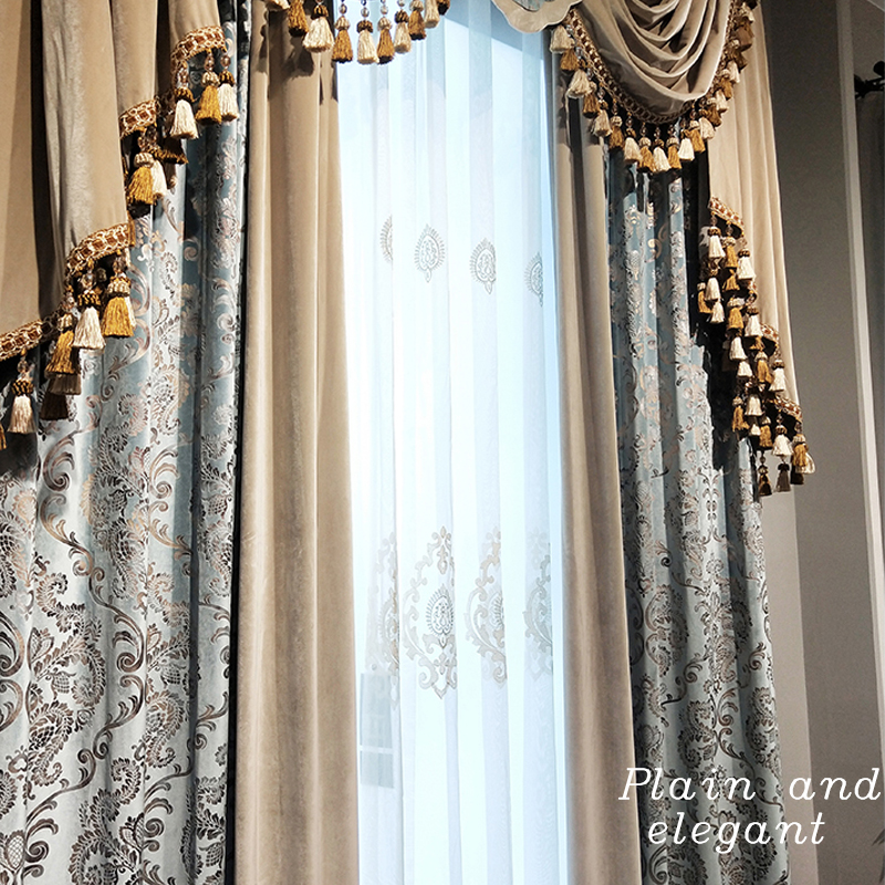 新款客厅高档窗帘巴洛克欧式大气别墅高窗落地窗丝绒布灰蓝色美式
