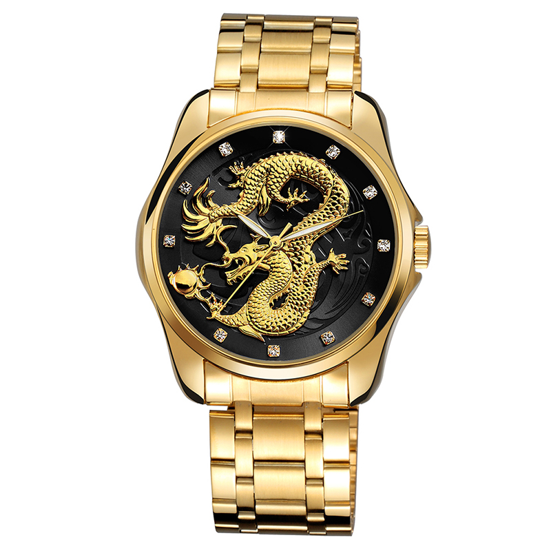 时空男士钢带防水复古中国龙手表高档水钻商务石英表浮雕金龙腕表