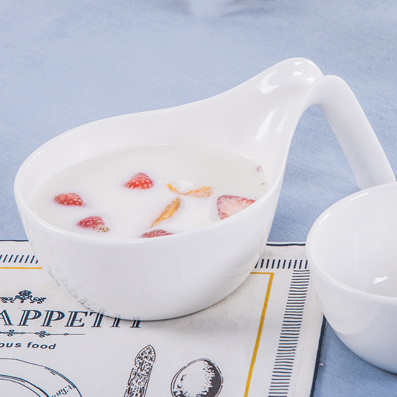 陶瓷带把面碗汤碗面馆面碗甜品碗有柄碗纯白餐具家用碗西餐碗包邮