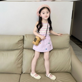 韩版童装女童套装2024夏季新款紫色条纹背心吊带+紫色爱心裙套装