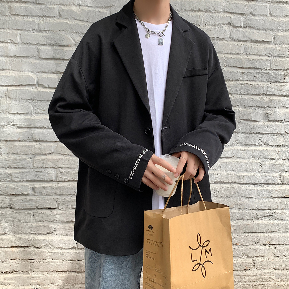 20秋季时尚港风西装韩版宽松休闲刺绣情侣单西服黑色2