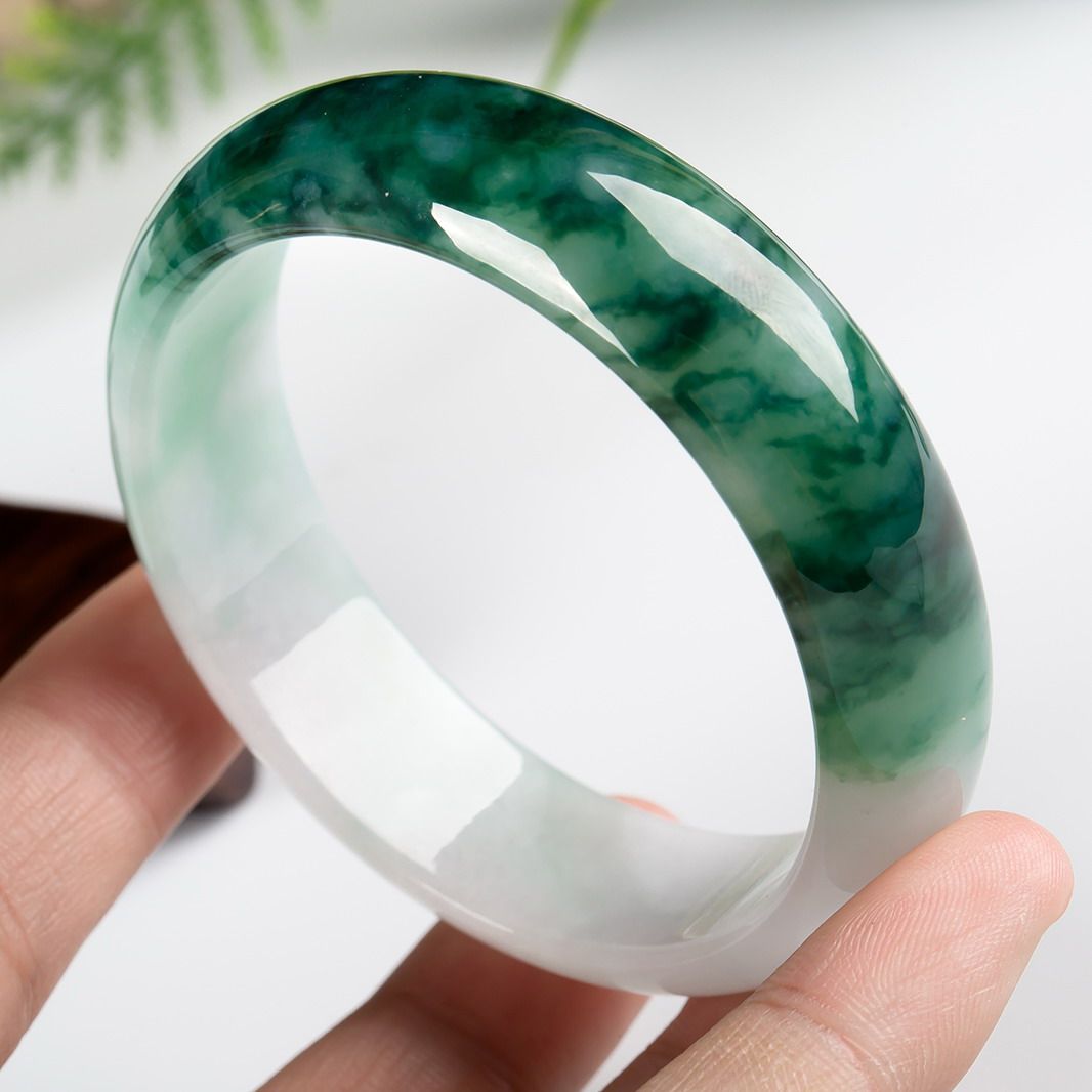 冰糯种缅甸天然a货翡翠水润冰飘花圆口手镯(圈口54.15) 54.03克