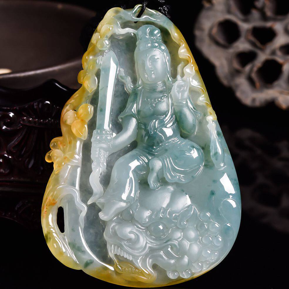 收藏老坑精雕三彩天然翡翠a货霸气文殊菩萨厚装吊坠 72.26克