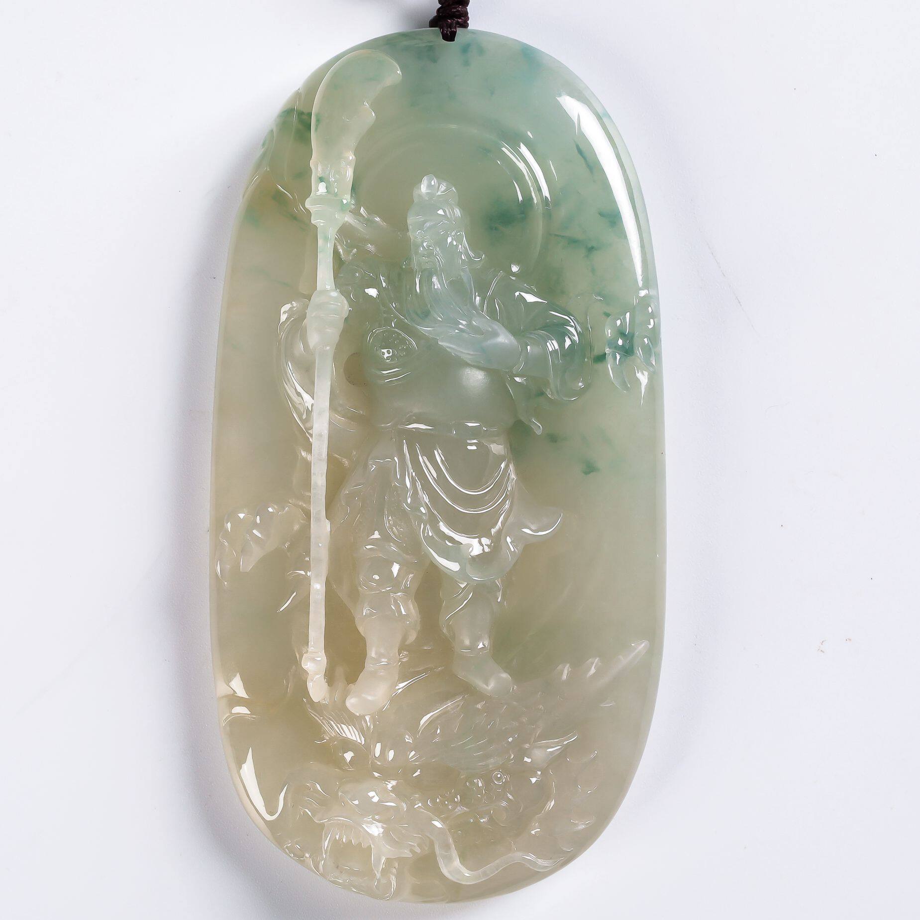 缅甸翡翠a货高冰水润飘花厚装忠义关公吊坠115.73克(含绳重)