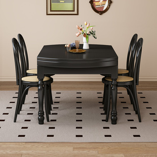 复古法式全实木可伸缩圆形餐桌小户型家用美式黑色奶油风折叠方桌