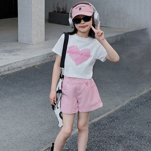 女童短裤套装夏装女大童时尚洋气奶柚短袖爱心涂鸦T恤不规则炸街