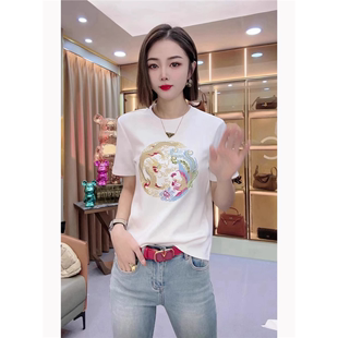 新中式国风重工刺绣短袖t恤女高级感夏季百搭白色打底衫半袖上衣