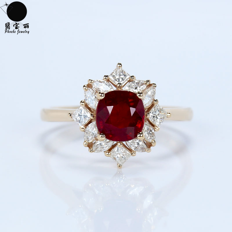 18k玫瑰金天然鸽血红宝石戒指 方形镶公主方马眼钻石女款一物一价-mc