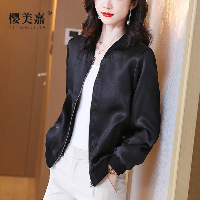 樱美嘉30姆米重磅龟裂纹香云纱真丝上衣女黑色加厚夹克开衫短外套