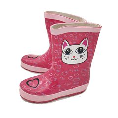 外贸儿童可爱雨鞋宝宝水鞋桃红色女童防滑卡通天然橡胶雨靴大脸猫