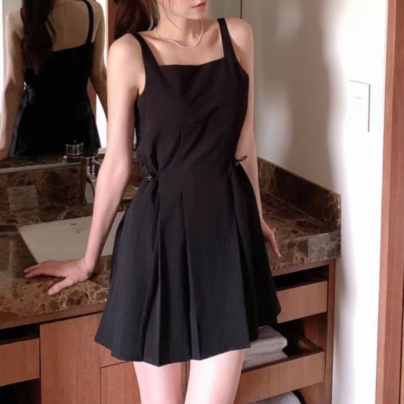 韩国东大门chic2024夏季新款气质抹胸吊带裙女修身减龄百褶连衣裙