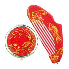 Gudi《红玉金鱼》手绘复古大红色木梳子镜子套装 新年礼物女朋友