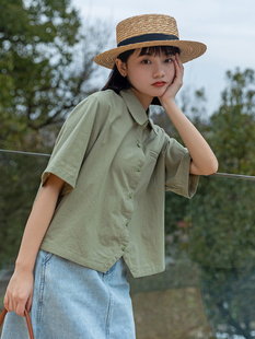 设计感衬衫女春季日系小清新纯棉短袖翻领衬衣小个子短款上衣学生