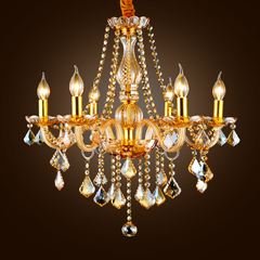 雷尼亚 欧式水晶吊灯 琥珀色卧室灯 黄色餐厅蜡烛灯 6头灯具