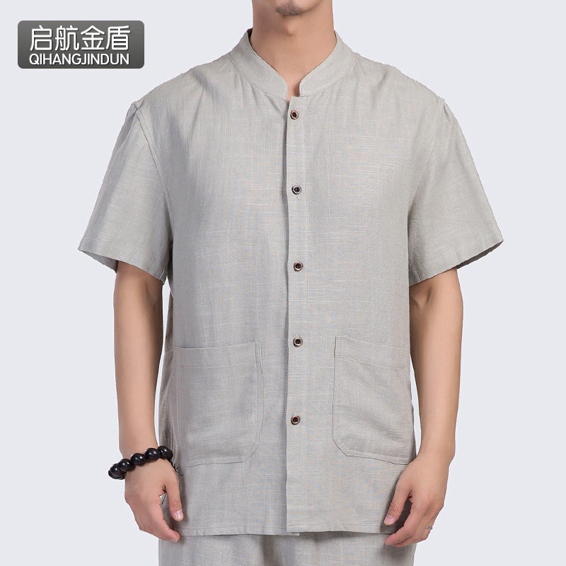2022年夏装原创男士中国风亚麻短袖衬衫宽松爸爸装立领老头衫衬衣