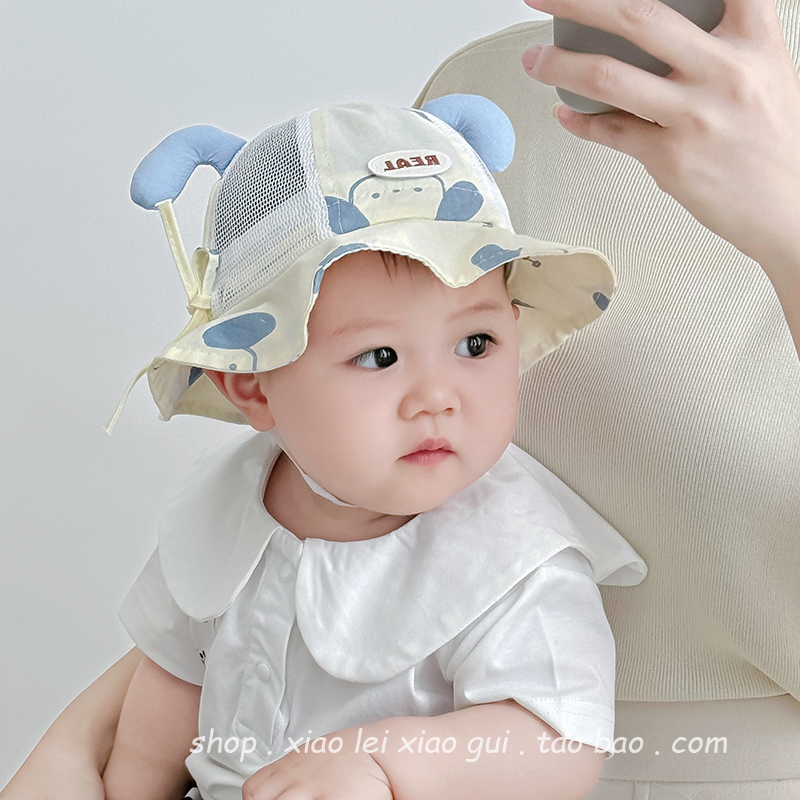 婴儿帽子夏季薄款宝宝遮阳帽可爱小狗男宝防晒帽网眼渔夫帽可调节