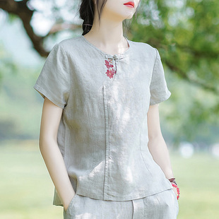 亚麻中式国风t恤复古女装夏季2024新款宽松棉麻上衣短款短袖小衫
