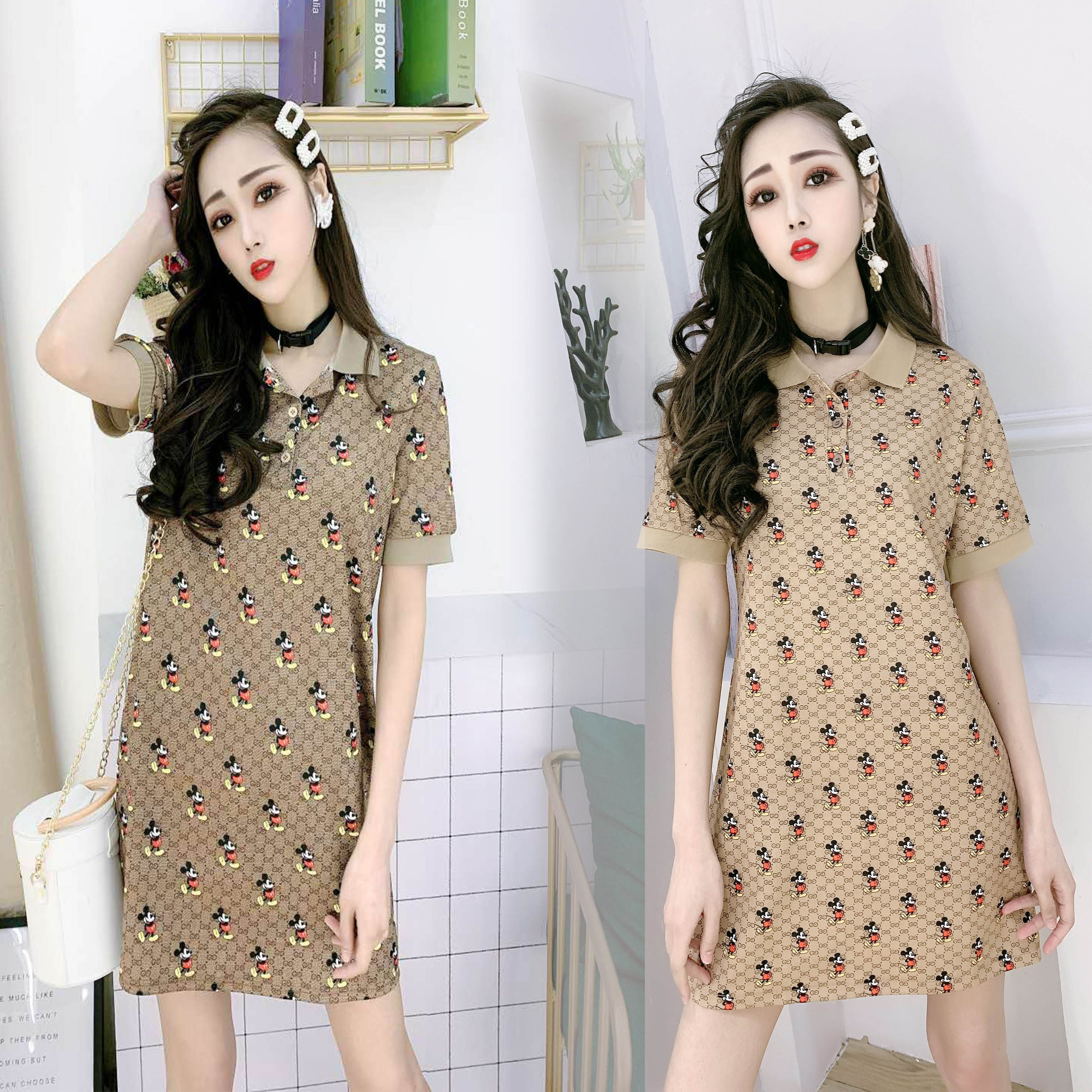 2021夏装新款气质米奇烫钻短袖polo领连衣裙女中长款显瘦a字裙子