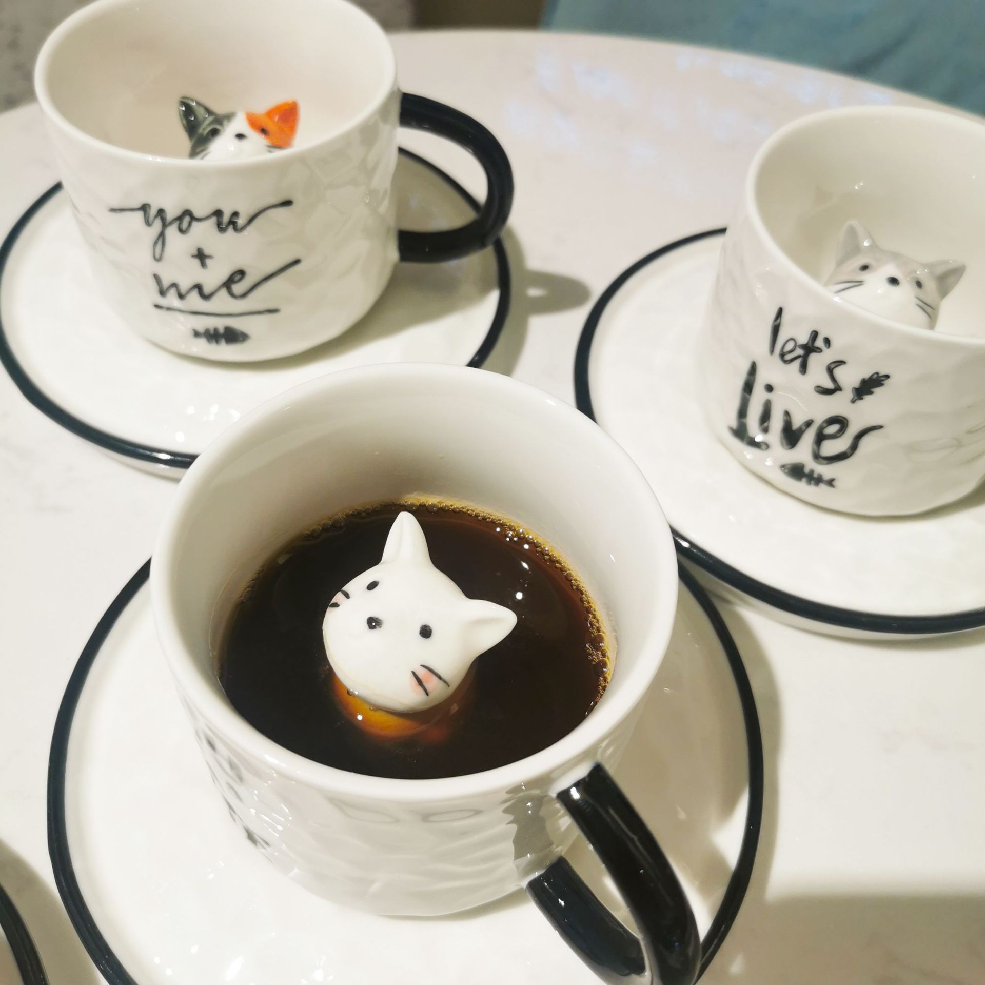 创意3D立体猫咪狗狗陶瓷杯子手绘马克杯茶杯耐热咖啡杯套装带小碟
