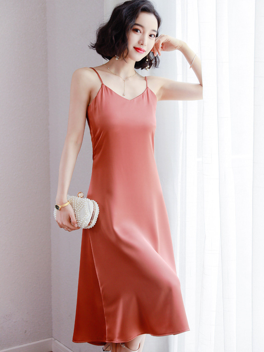 v领丝绸吊带裙三醋酸真丝缎面吊带连衣裙女夏中长款高端法式中裙