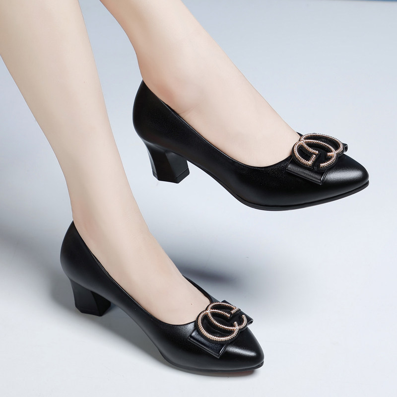 (今日4.1折)春秋女单鞋真皮工作鞋黑色浅口职业女士皮鞋高跟酒红色中