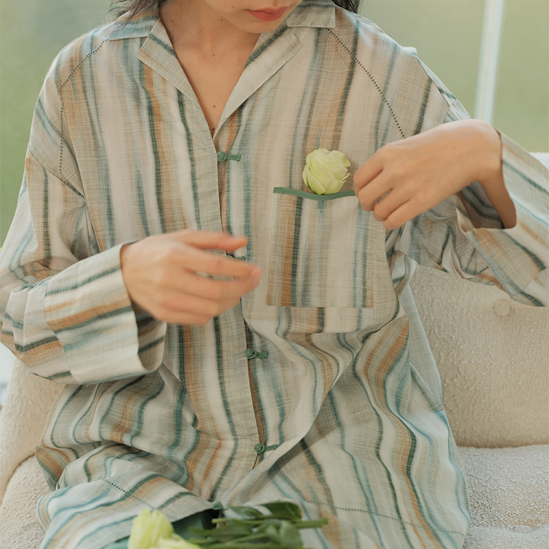 朵朵可可24春季新款纯棉复古盘扣条纹中性风宽松长袖家居服女套装