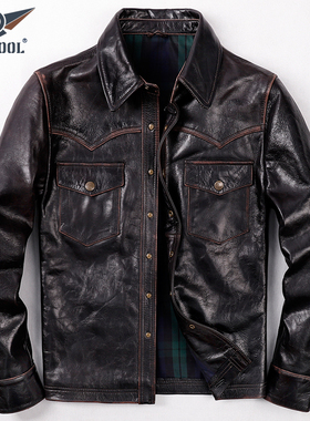 茶芯头层马皮皮衣男翻领衬衫复古擦色休闲皮夹克秋季短款皮外套潮