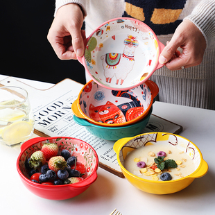 釉下彩陶瓷卡通家用儿童碗可爱创意双耳饭碗早餐甜品网红辅食碗