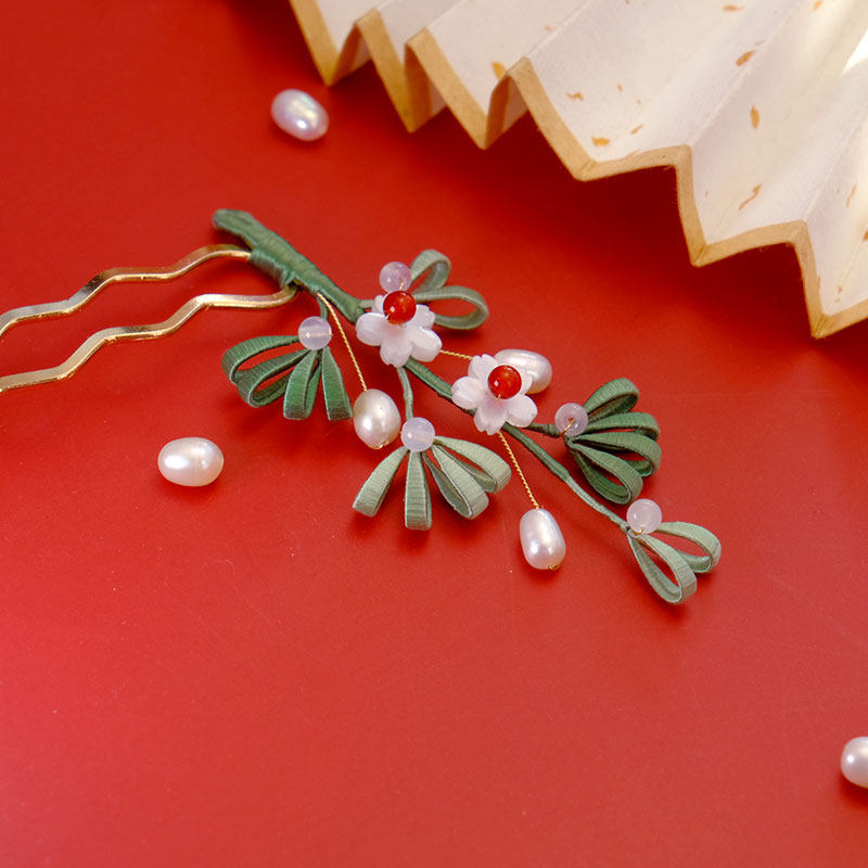 寒木春华缠花松枝松间照现货成品汉服配饰古风发饰绿色发钗发簪子