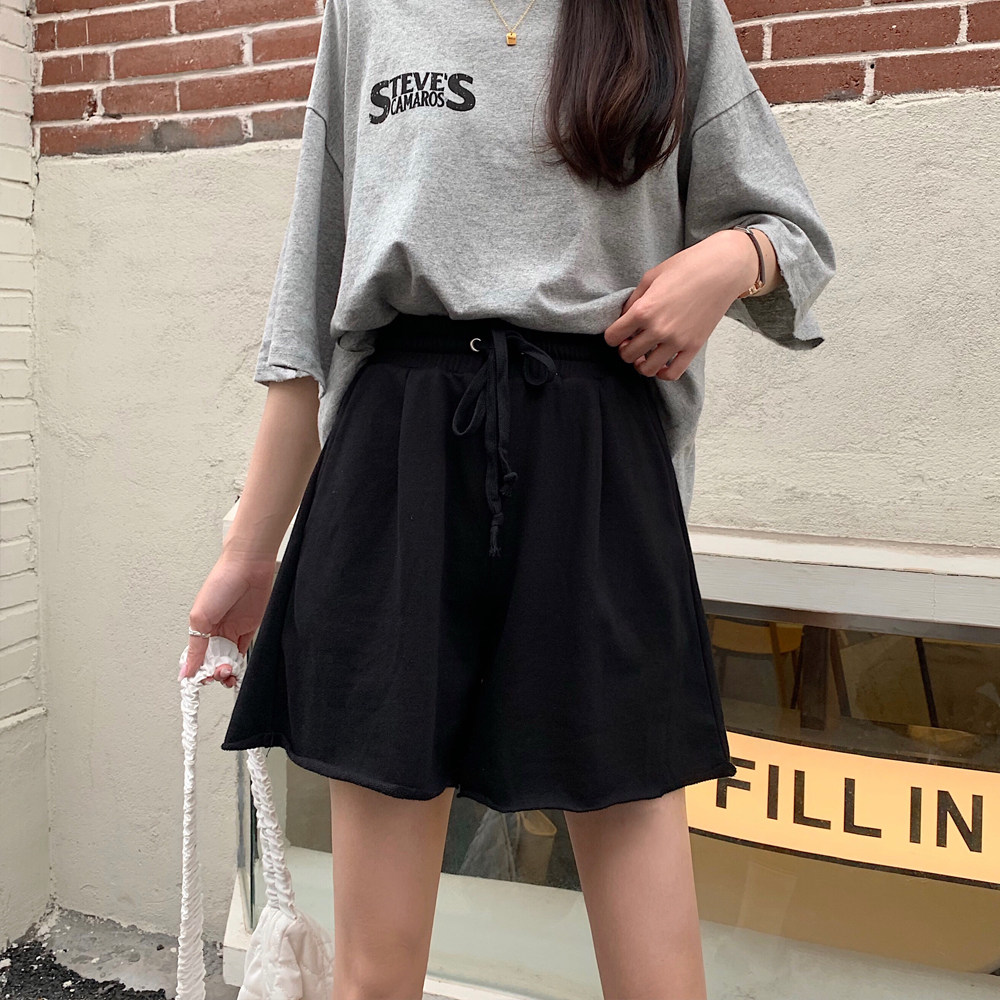 黑色运动风短裤女装夏季新款高腰显瘦休闲裤宽松抽绳阔腿裤子ins