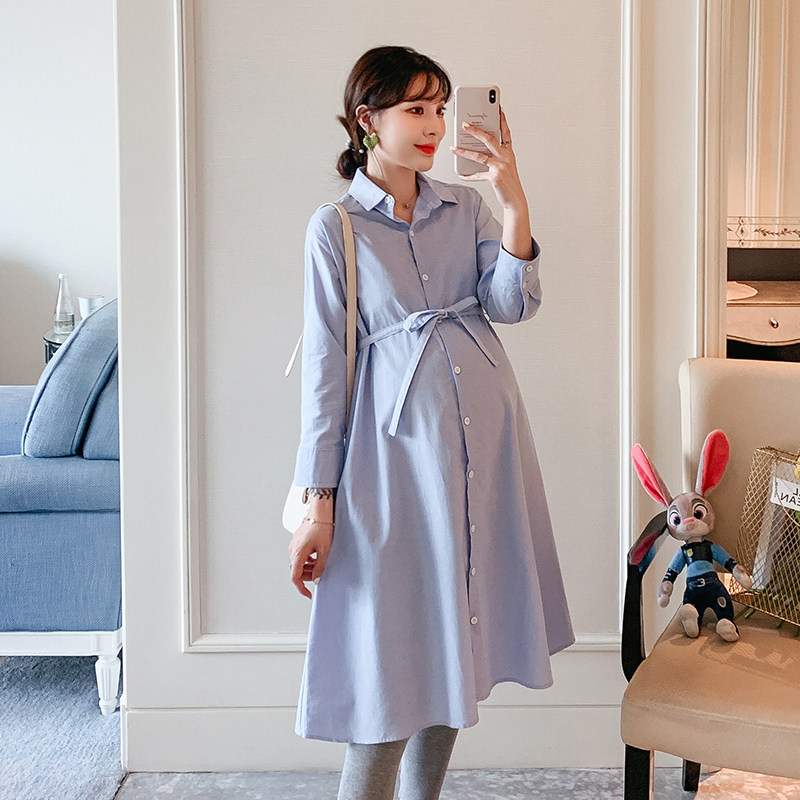 孕妇秋装长袖连衣裙2020春秋新款中长款宽松a字裙外穿孕妇衬衫裙