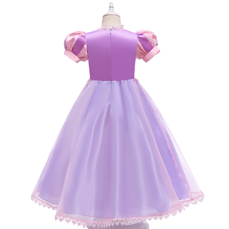 夏季短袖长发公主裙女童紫色连衣裙苏菲亚礼服小女孩表演裙生日礼
