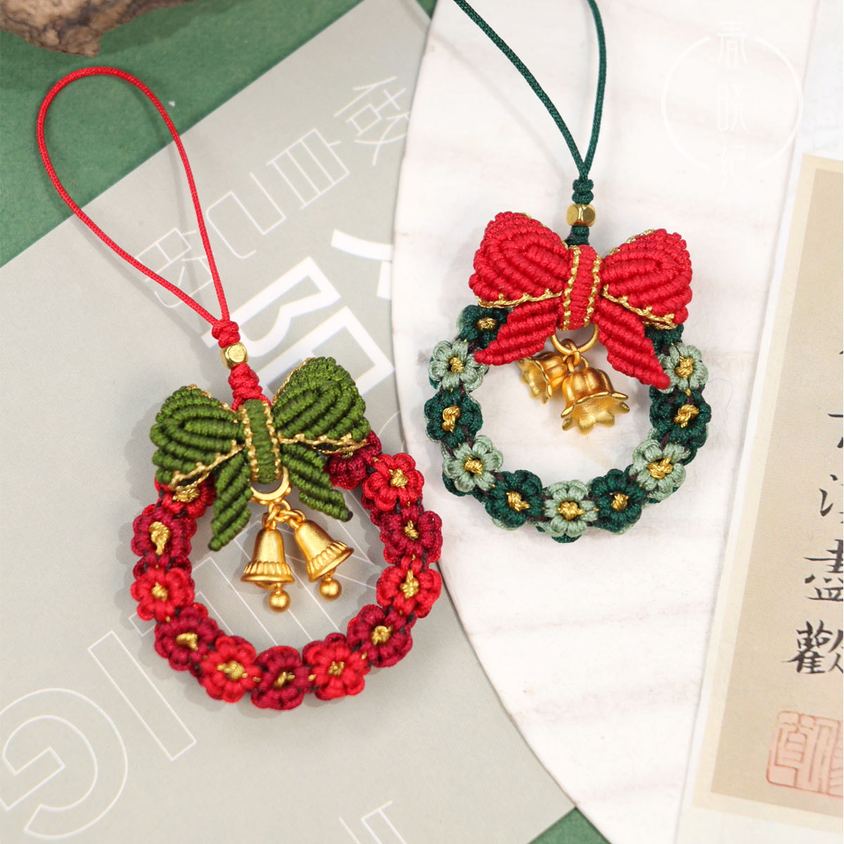 圣诞节花环手工编绳diy材料包铃铛蝴蝶结编织手机车挂件项链礼物
