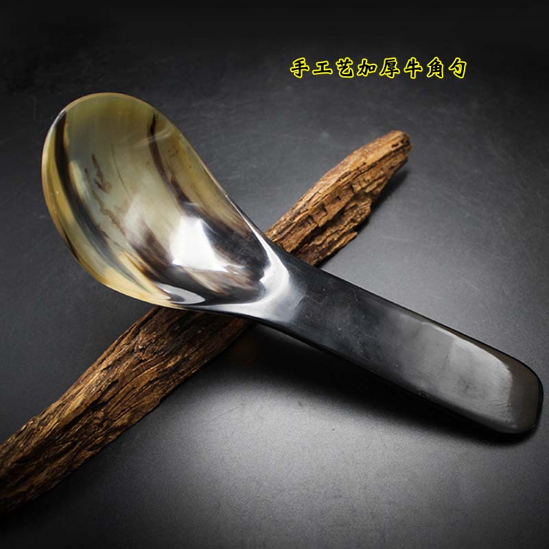 精品23cm天然牦牛角花色饭勺子 正品角质汤勺 纯手工养生保健餐具