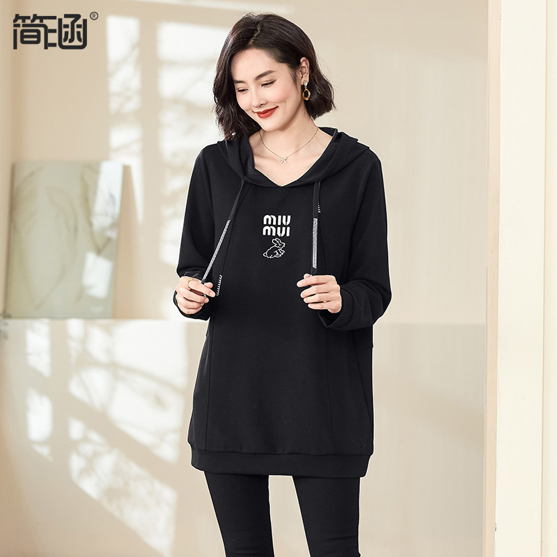 连帽卫衣2023秋冬新款简涵大码女装胖mm加肥加大宽松绣花长袖上衣